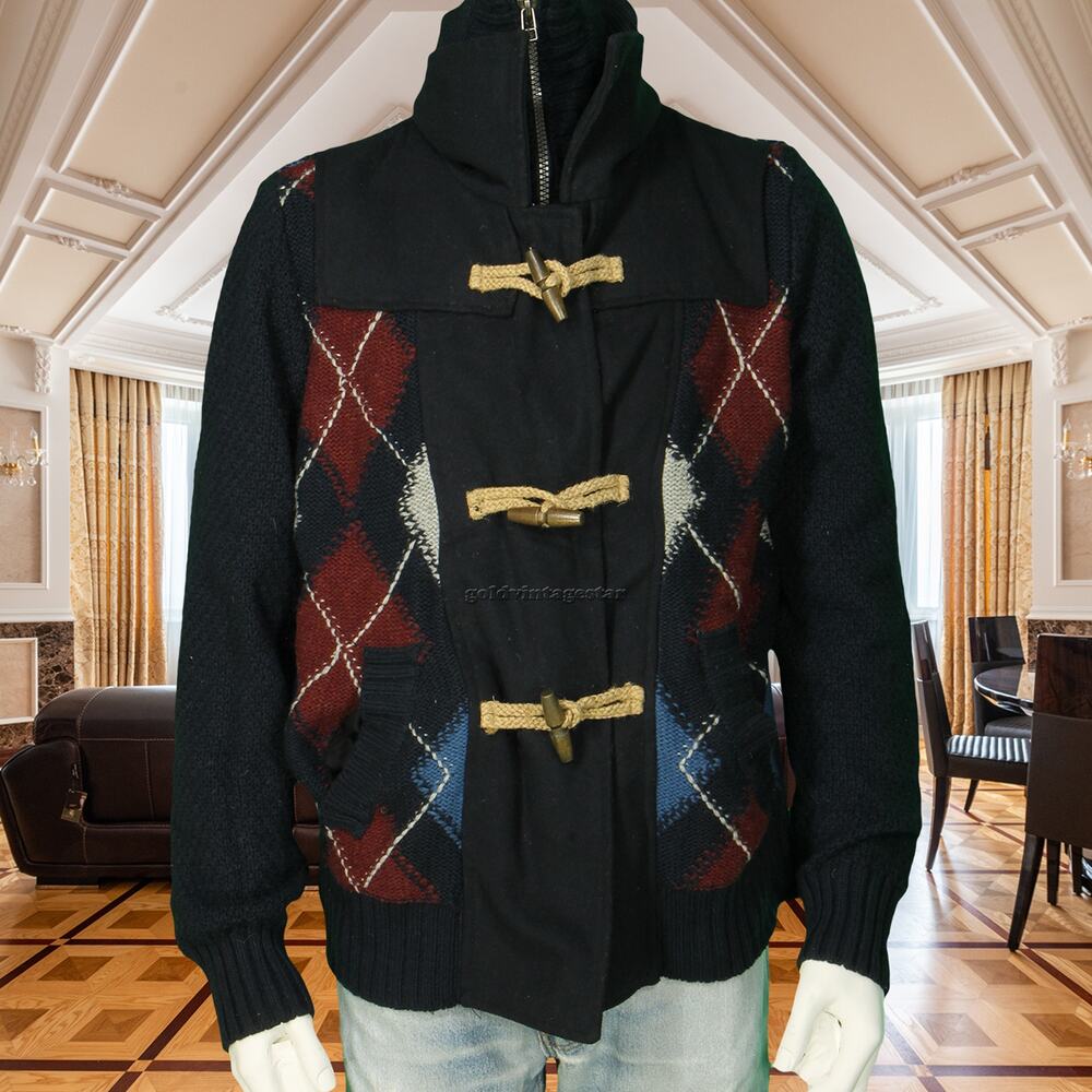 Desigual Wool Blend Argyle Sweater Toggle Jacket Coat 2XL